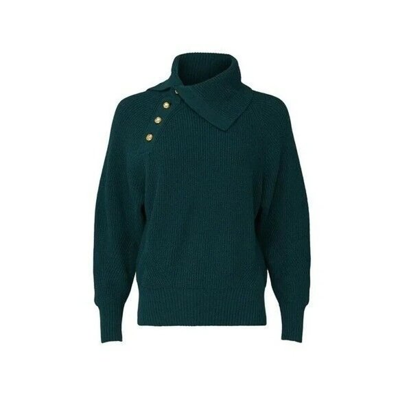 Tara Jarmon Paris Women's Wool Blend Green Cowl Neck Sweater Gold Buttons‎ Large - Picture 4 of 10